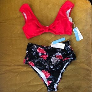NTW bikini: red top and rose print black bottoms